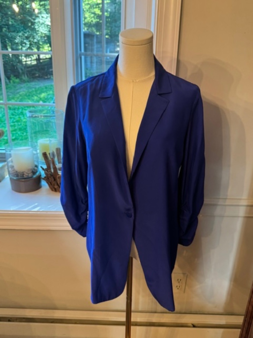 Amanda Uprichard Cobalt Blue Blazer Large Ruched Sleeve Open Front Career Jacket